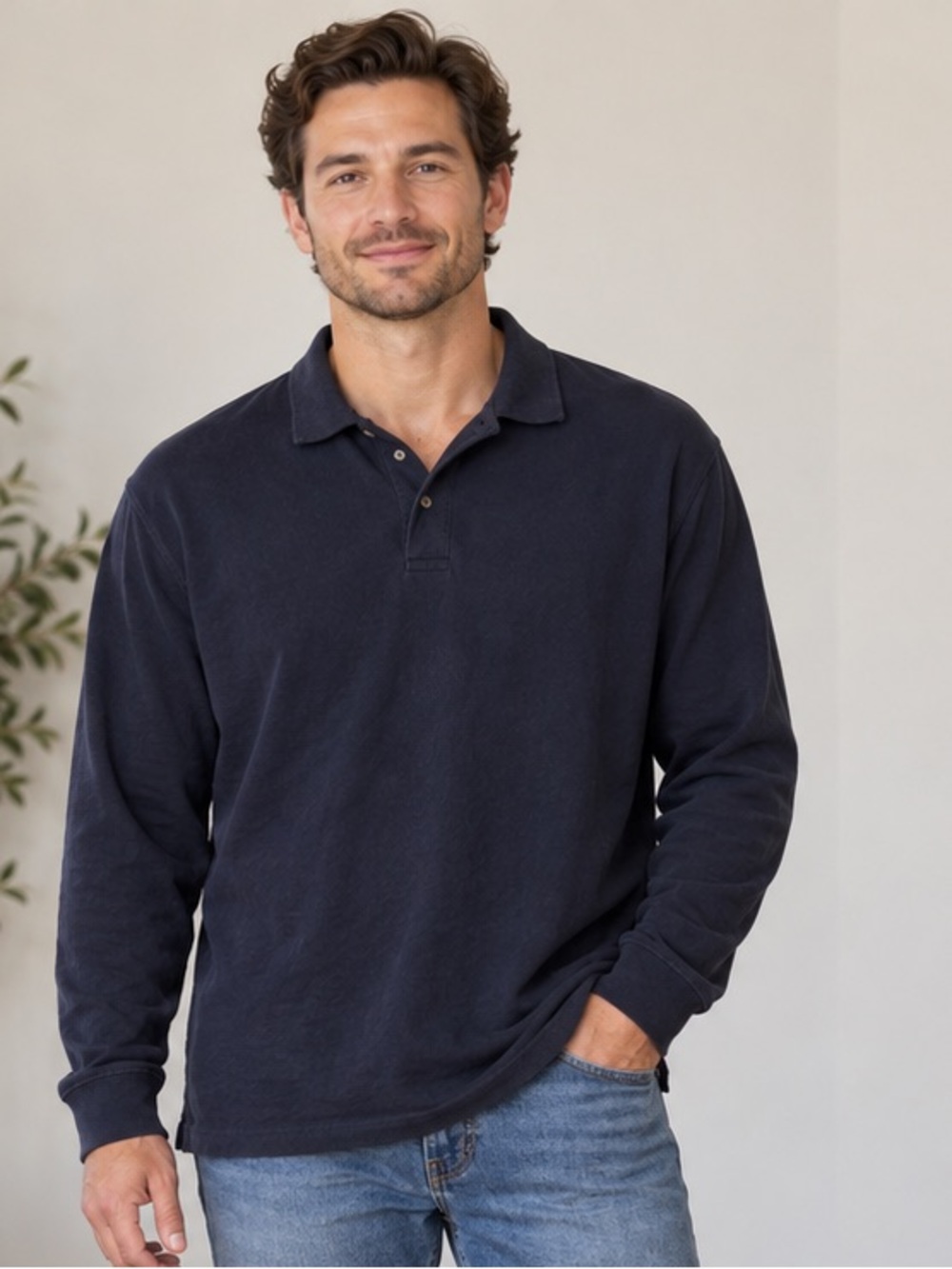 St. John’s Bay Navy Long Sleeve Polo XL Minimal Classic Basic Cotton